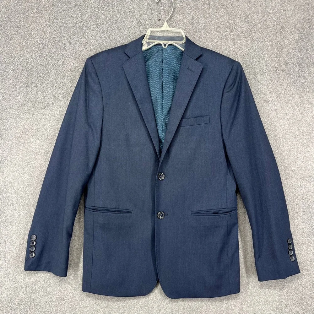 TO Collection Mens Navy Blue Herringbone Suit Blazer Pants‎ Set Size 18